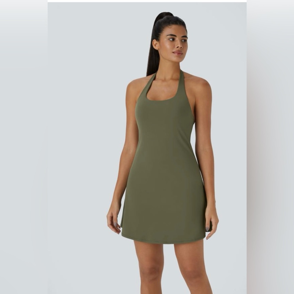 Halara backless two in one pocket mini active dress in olive green